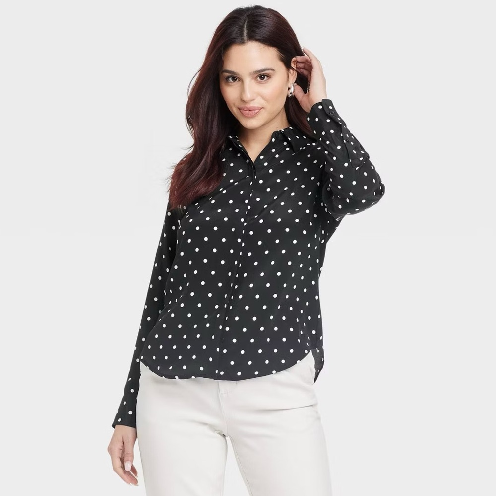 NWT A New Day Black White Polka Dot Long Sleeve Button Up Shirt